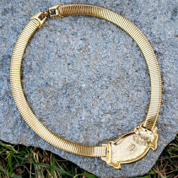 VTG Trifari Egyptian Revival Lucite Cabochon Gold Omega Chain Collar Necklace - Picture 12 of 13